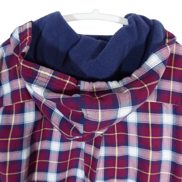 LL BEAN Hooded Burgundy Plaid Fleece Lined Flannel Shirt Shacket w/ Pockets 1X - Picture 3 of 7
